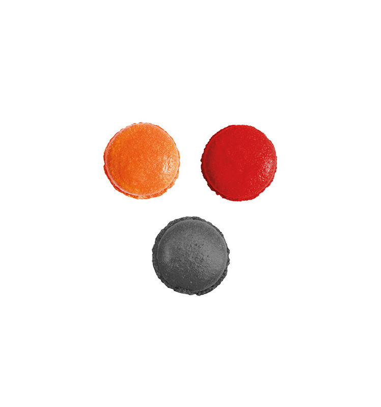 3 Halloween-themed powdered food colourings "black, orange, red"