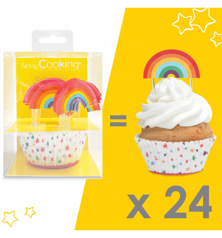 24 cupcake cases + 24 cake toppers rainbow - ScrapCooking®