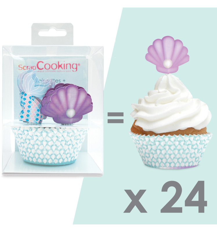 24 cupcake cases + 24 cake toppers mermaid - ScrapCooking®