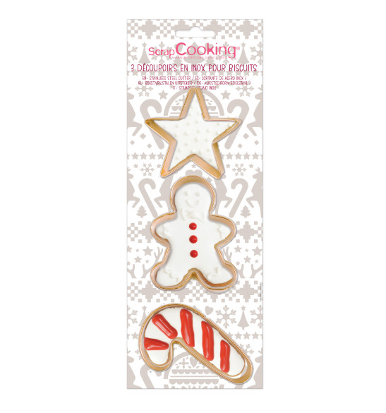 3 gold-finish stainless steel cookie cutters gingerbread man/candy cane/star