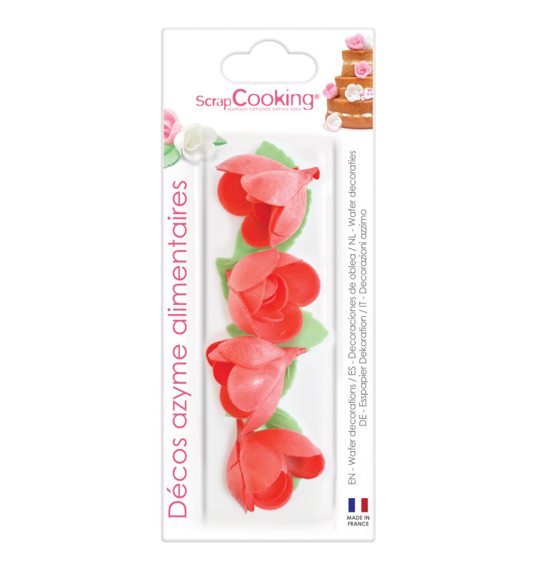 Décos azyme 4 roses rouges + 6 feuilles vertes réf.2287