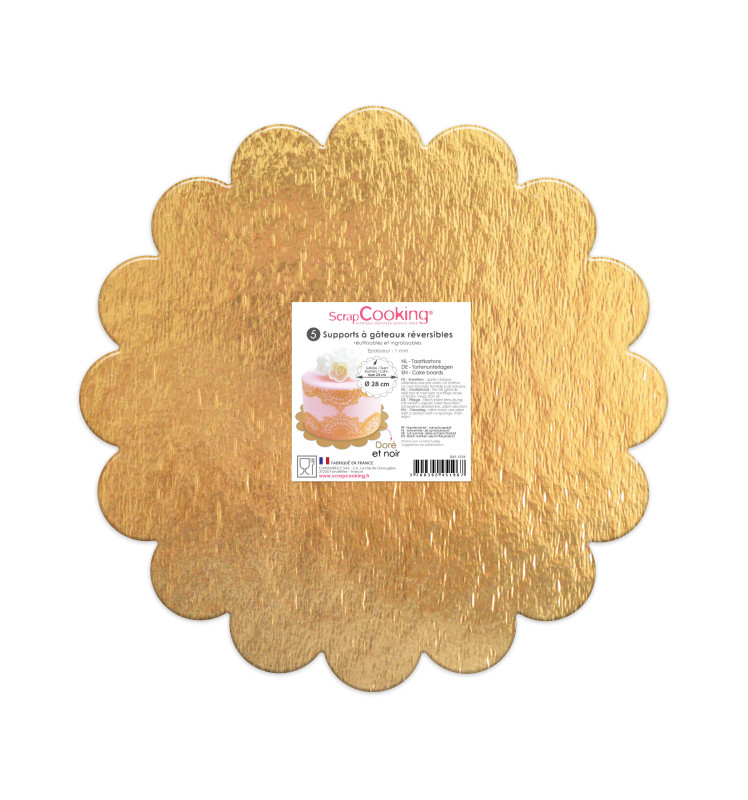 5 thin gold/black cake boards - round with fluted edge diam. 24cm