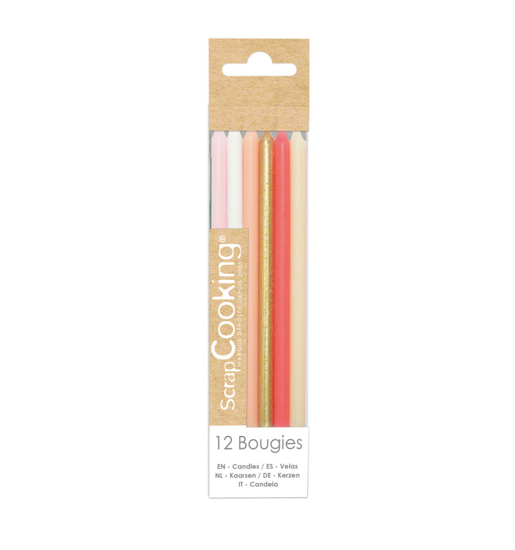 12 pink & gold long candles 12 cm - ScrapCooking®