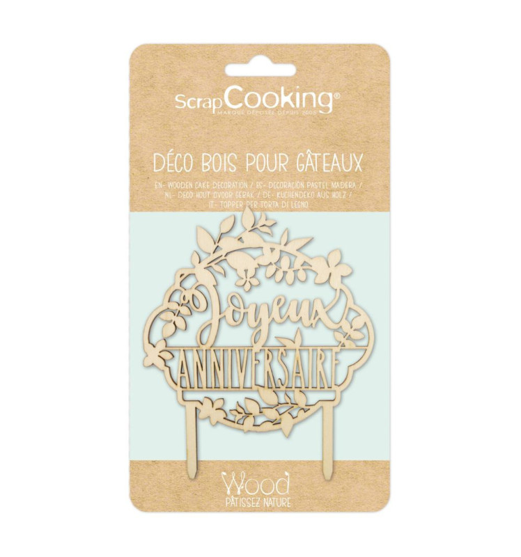 Joyeux anniversaire wood cake topper packaging - ScrapCooking