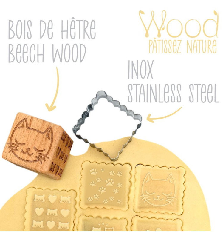 Tampon à biscuits bois chat + découpoir bois de hêtre et inox - ScrapCooking