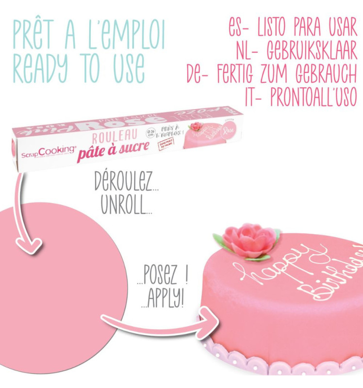 Pâte à sucre rouleau rose 36 cm - pret à l'emploi - ScrapCooking