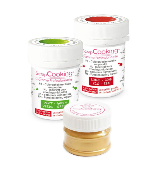 3 colorants en poudre Noël vert, rouge, doré -ScrapCooking