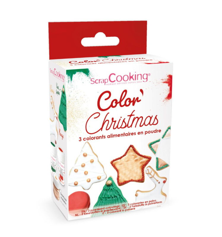 Colorants alimentaires en poudre "Noël" vert, rouge, doré