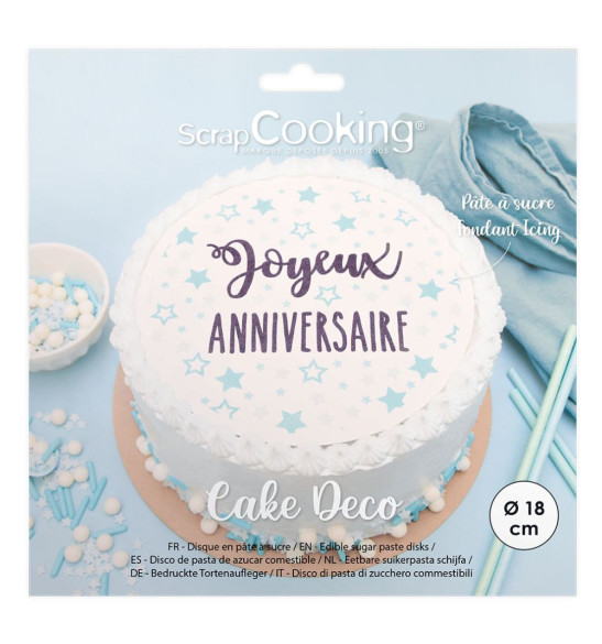 Disque de pâte à sucre Joyeux Anniversaire 18cm pack - ScrapCooking