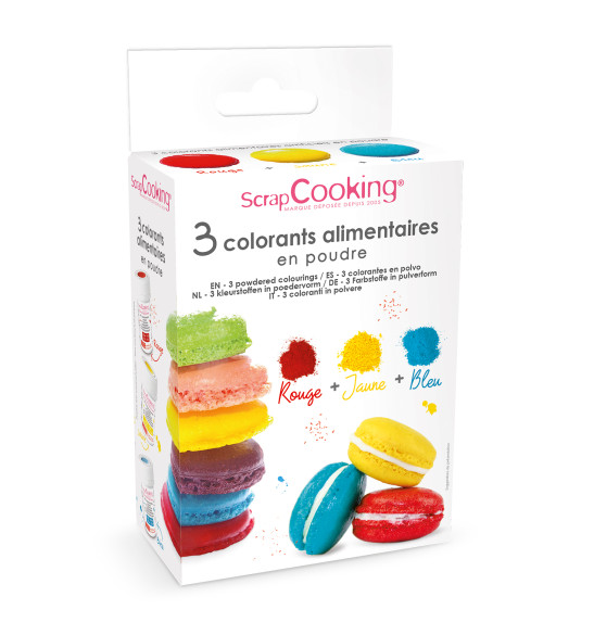 3 colorants alimentaires en poudre jaune, rouge, bleu réf.4011