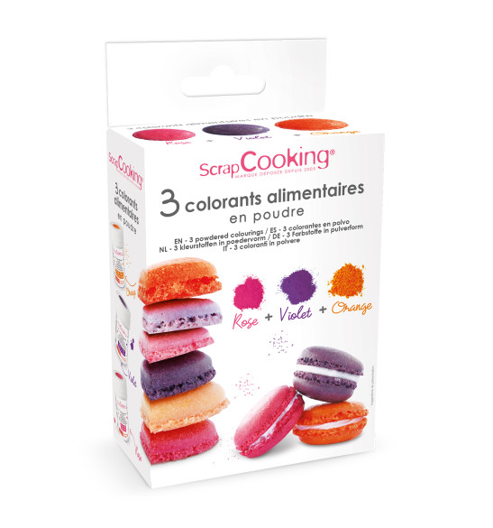 3 colorants alimentaires en poudre orange, violet, rose réf.4013