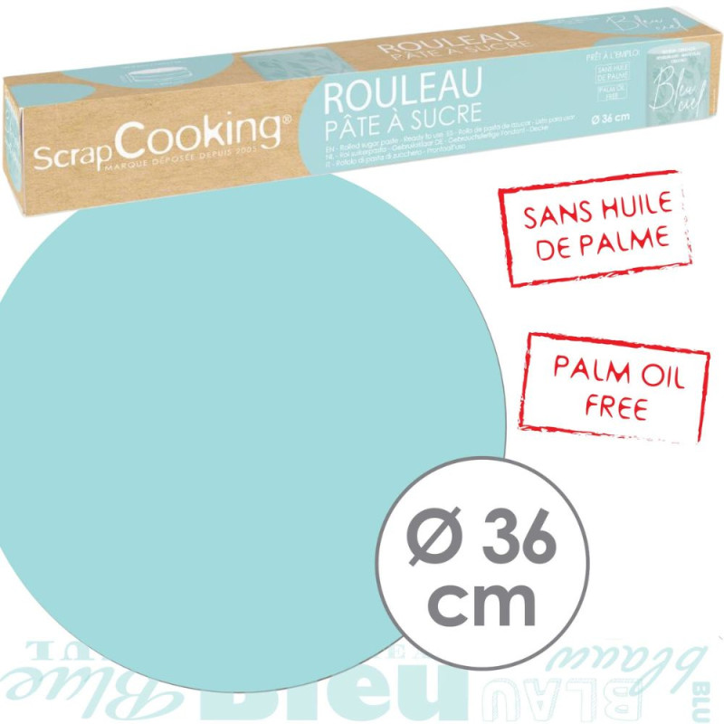 Pâte à sucre rouleau bleu ciel 36 cm taille - ScrapCooking