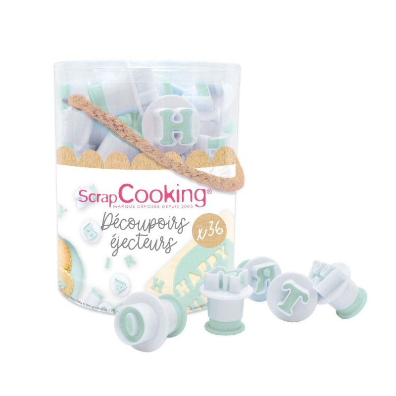 Seau 36 découpoirs éjecteurs lettres et chiffres contenu - ScrapCooking