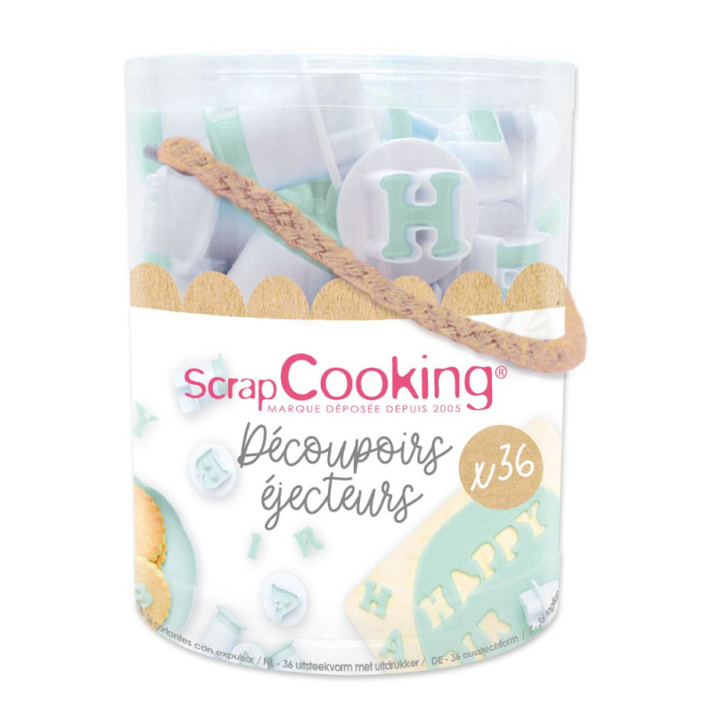 Seau 36 découpoirs éjecteurs lettres et chiffres pack - ScrapCooking