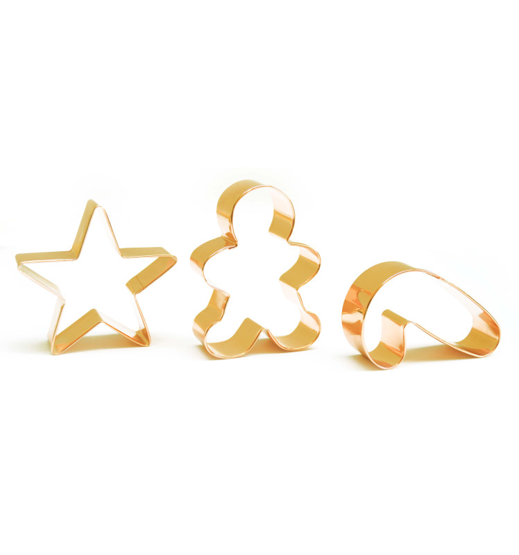 3 gold-finish stainless steel cookie cutters gingerbread man/candy cane/star