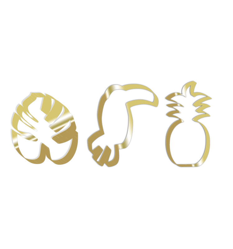 3 gold-finish stainless steel cookie cutters Toucan/ Pineapple / Leaf