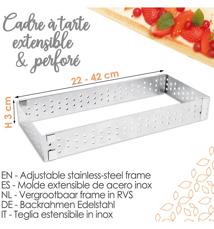 Perforated, adjustable rectangular tart ring, stainless steel 22 to 42 cm - ScrapCooking®