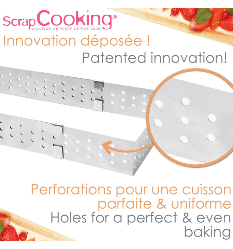 Perforated, adjustable rectangular tart ring, stainless steel 22 to 42 cm - ScrapCooking®